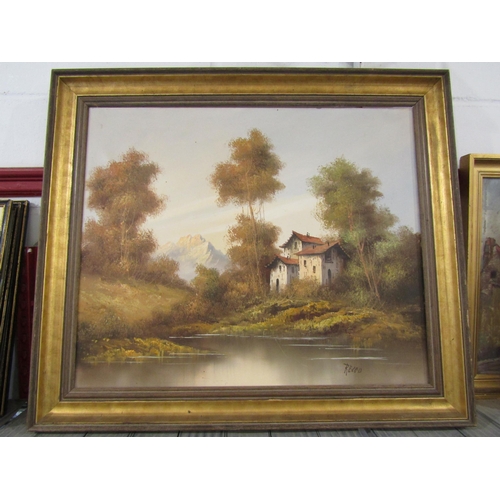 1200 - RECCO (?): An signed oil on canvas of waterside dwelling with mountains in distance, 50cm x 60cm ima... 