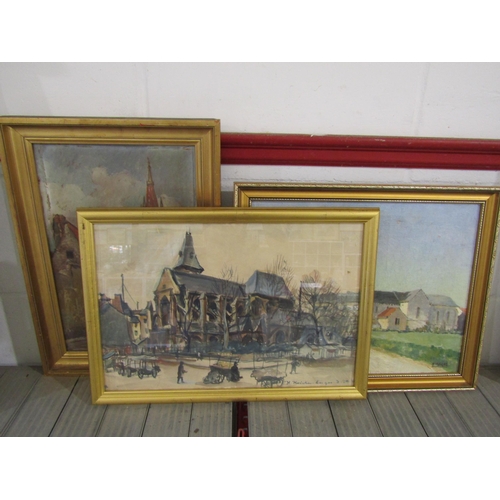 1201 - Three Continental works of churches and cathedrals including watercolour and oil of street scene