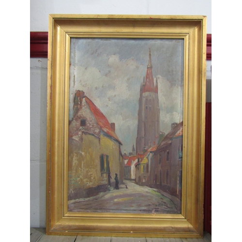 1201 - Three Continental works of churches and cathedrals including watercolour and oil of street scene