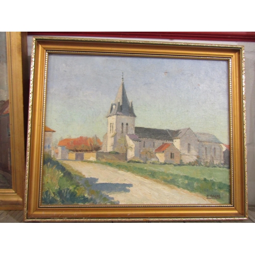 1201 - Three Continental works of churches and cathedrals including watercolour and oil of street scene