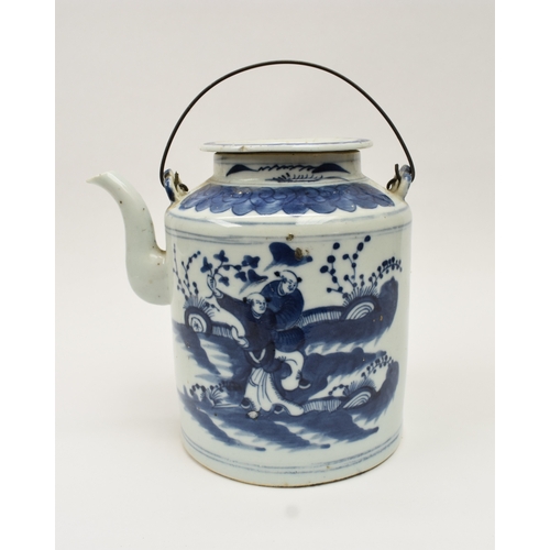 4012 - A 19th Century Chinese blue and white teapot, barrel form body with figural scenes, a/f glue repair ... 