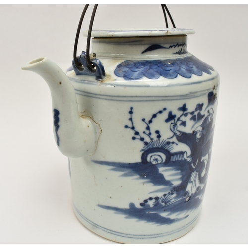 4012 - A 19th Century Chinese blue and white teapot, barrel form body with figural scenes, a/f glue repair ... 