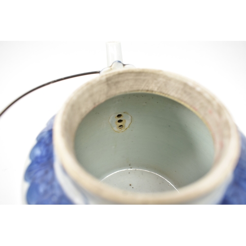 4012 - A 19th Century Chinese blue and white teapot, barrel form body with figural scenes, a/f glue repair ... 