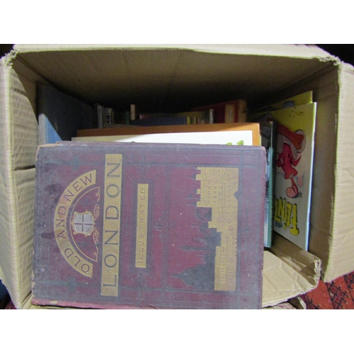 4064 - Four boxes of mixed books including military related, children's annuals, mixed fiction etc.