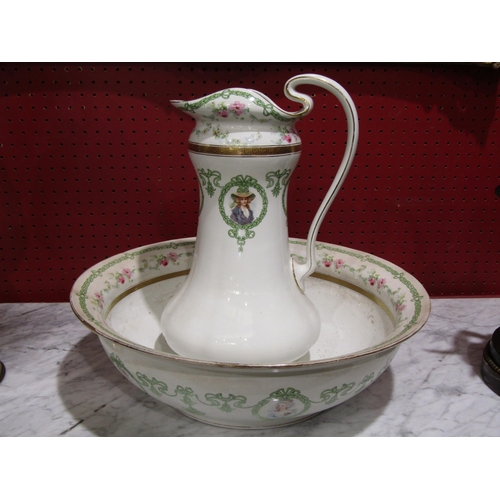 4025 - A Victorian 'Bisto' ceramic wash jug and bowl with cartouch depicting female and gilt embellishment