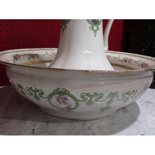 4025 - A Victorian 'Bisto' ceramic wash jug and bowl with cartouch depicting female and gilt embellishment