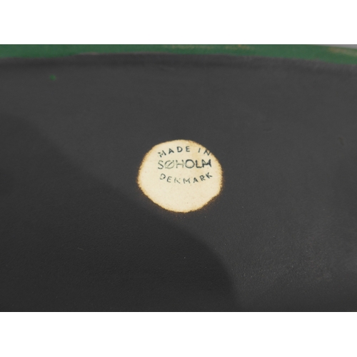 7034 - A Danish Soholm Pottery rectangular shallow dish in black with geometric design in blue, yellow and ... 