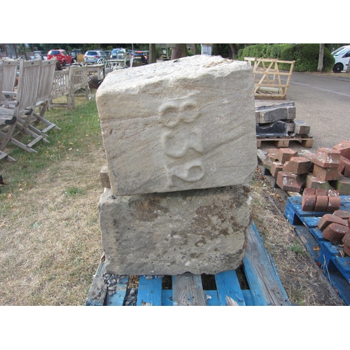 6035 - A pair of stone bridge keystones dated 1832