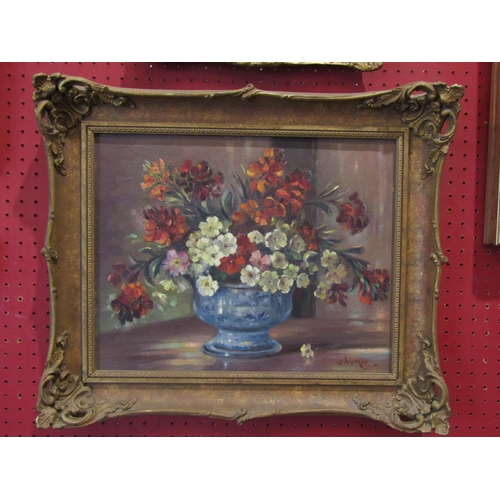 1044 - STEPHEN WALKER (1900-2004): A still life of flowers in a vase, gilt framed, 32cm x 40cm image size