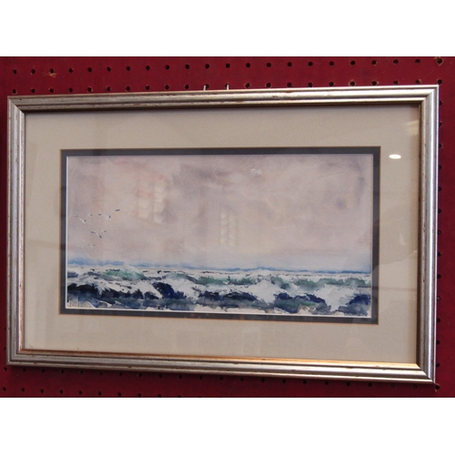 1055 - A seascape depicting cresting waves, watercolour and gouache, framed and glazed, 14cm x 28cm