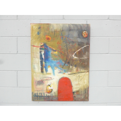 7003 - MARTIN WALTON (1939-2018) A large oil on canvas, untitled abstract composition with red form over wh... 