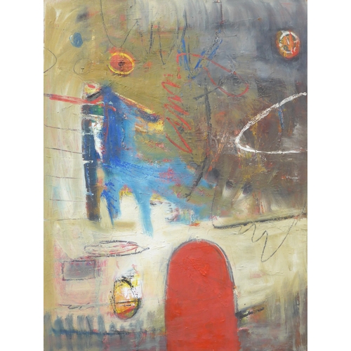 7003 - MARTIN WALTON (1939-2018) A large oil on canvas, untitled abstract composition with red form over wh... 
