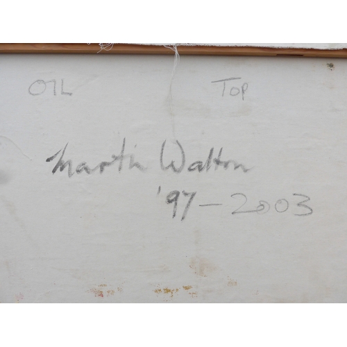 7043 - MARTIN WALTON (1939-2018) A large oil on canvas, untitled abstract composition in ochre, red and bla... 