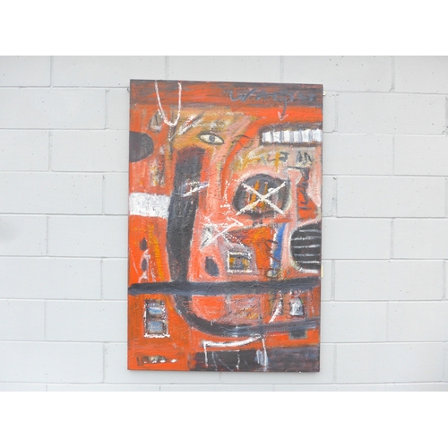 7009 - MARTIN WALTON (1939-2018) A large textured oil on canvas, untitled abstract composition in pinks, re... 