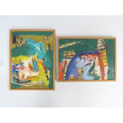 7049 - MARTIN WALTON (1939-2018) Two small oils on canvas, untitled abstract compositions with green and ot... 