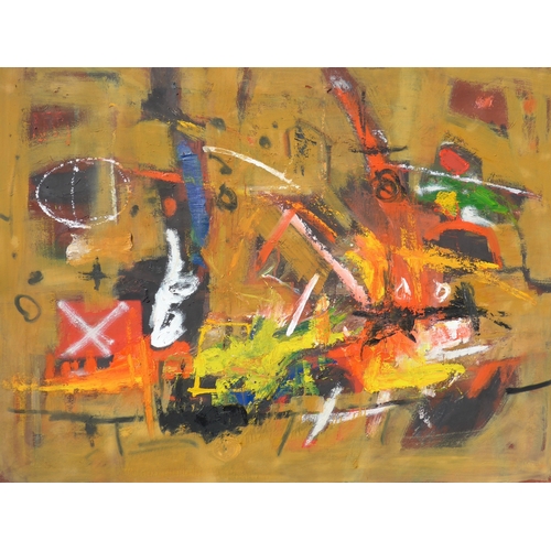 7028 - MARTIN WALTON (1939-2018) A large oil on canvas, untitled abstract composition in red, yellows and b... 