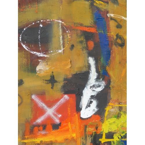 7028 - MARTIN WALTON (1939-2018) A large oil on canvas, untitled abstract composition in red, yellows and b... 