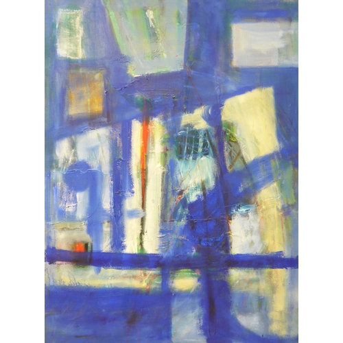 7029 - MARTIN WALTON (1939-2018) A large oil on canvas, untitled abstract composition with blue cross and h... 