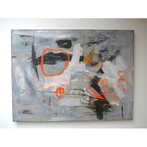 7031 - MARTIN WALTON (1939-2018) A large textured oil on canvas, untitled abstract composition with red cir... 