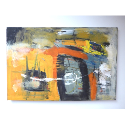 7033 - MARTIN WALTON (1939-2018) A large oil on canvas, untitled abstract composition with black square for... 