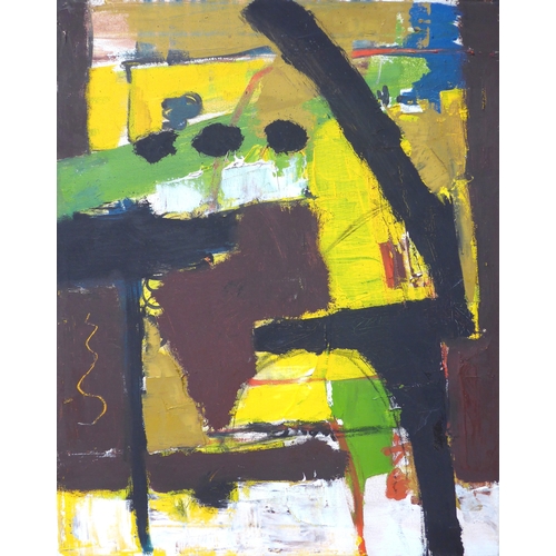 7055 - MARTIN WALTON (1939-2018) A oil on canvas, untitled abstract composition in yellow and brown with bl... 