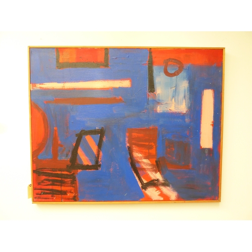 7052 - MARTIN WALTON (1939-2018) A large oil on canvas, untitled abstract composition in blue with red, blu... 