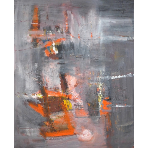 7037 - MARTIN WALTON (1939-2018) A textured oil on canvas, untitled abstract composition in grey and pink w... 
