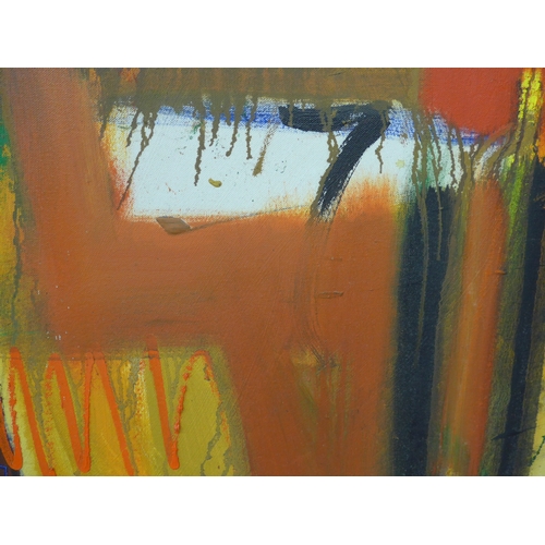 7015 - MARTIN WALTON (1939-2018) An acrylic and oil on canvas, untitled abstract composition in red and och... 
