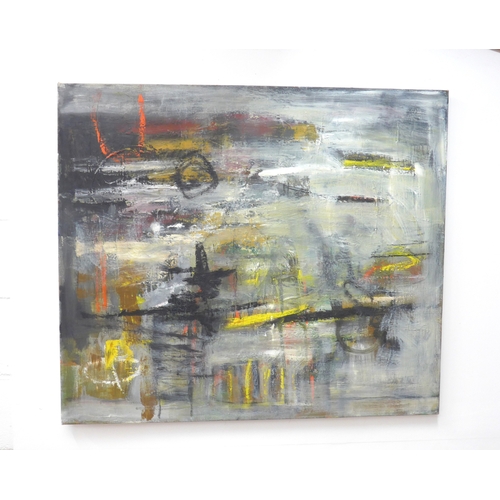 7012 - MARTIN WALTON (1939-2018) A large oil on canvas, untitled abstract composition with black line motif... 