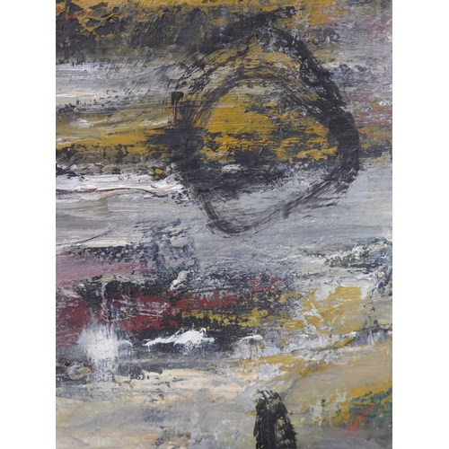 7012 - MARTIN WALTON (1939-2018) A large oil on canvas, untitled abstract composition with black line motif... 