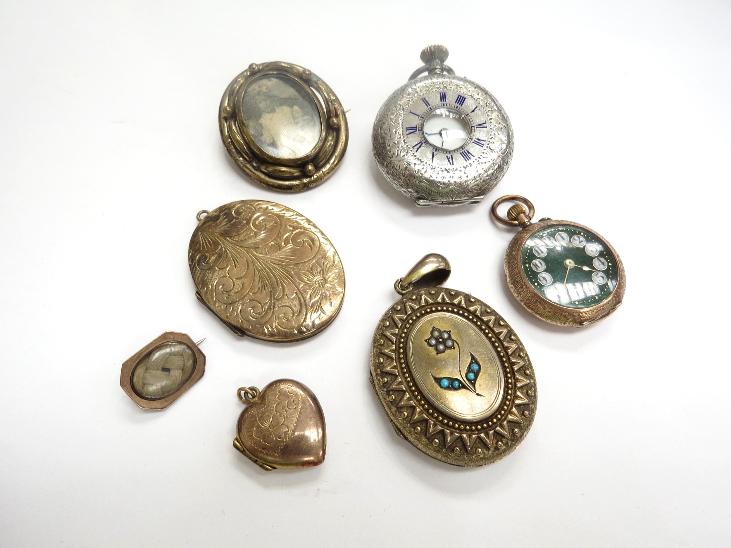 A Silver cased fob watch, a 9ct gold outer cased fob watch, Victorian ...