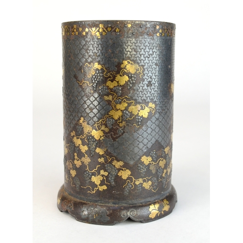 7005 - A Japanese bronze and mixed metal cylindrical vase decorated with fruiting grape vines in gold and s... 