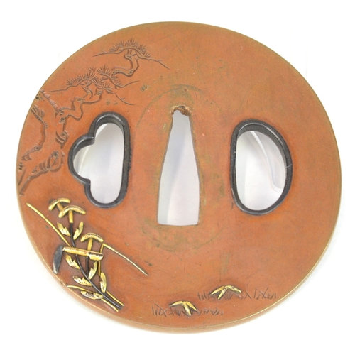 7018 - A circular copper tsuba decorated in takazogan using shibuichi and gold depicting woman and a basket... 