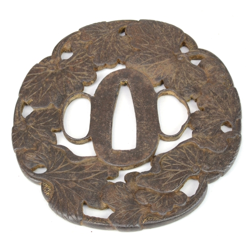 7021 - Five iron tsuba, small oval with bamboo stems in gold, oval with lily flowers, kakumarugata with che... 