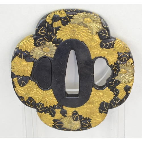 7030 - TOMOAKI OF NAGATO PROVINCE- A shakudo mokko gata tsuba decorated profusely in gold iroe takazogan wi... 