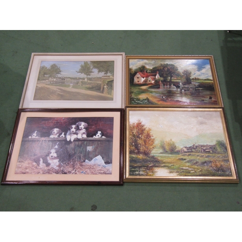 4034 - Four large prints including landscape scenes and puppies in a barn/stable (4)