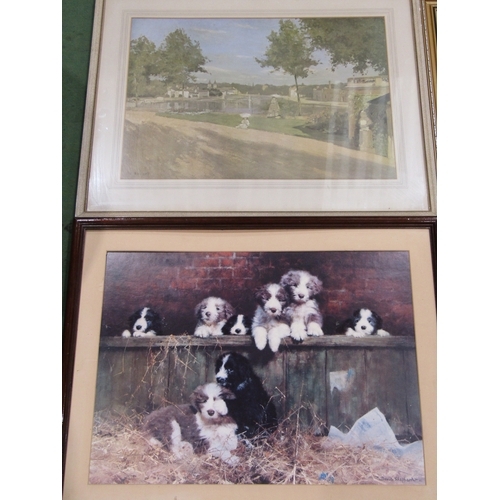 4034 - Four large prints including landscape scenes and puppies in a barn/stable (4)