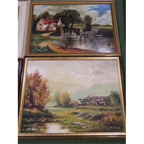 4034 - Four large prints including landscape scenes and puppies in a barn/stable (4)