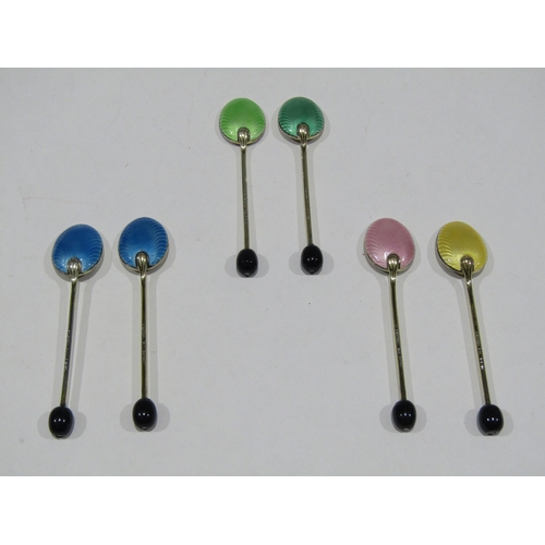 A set of six 1950's Walker & Hall silver and enamel coffee spoons, cased