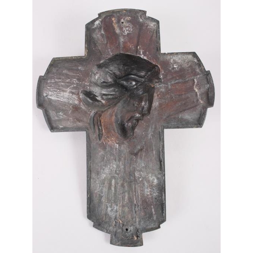 135 - An Art Deco bronze relief cross cast bust of Christ, 9 1/4