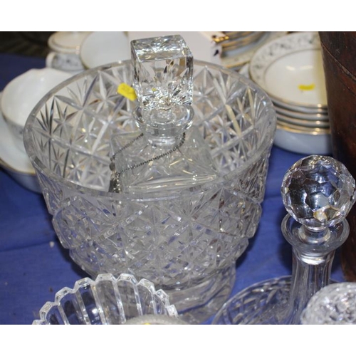 32 - Five glass decanters, a cut glass bowl, 9