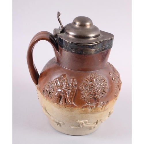 327 - A Georgian stoneware relief decorated hunter's jug with silver lid (split to silver)