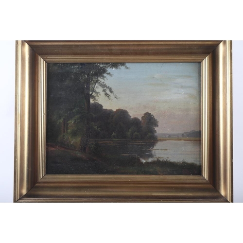 454 - An early 19th century watercolour, Raglan Castle, and C Schmidt: oil on canvas, lake scene