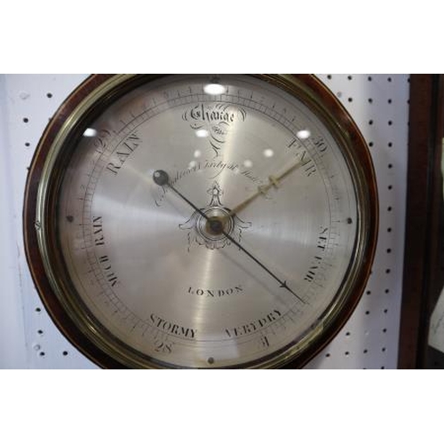 96 - An early 19th century yew wood barometer and thermometer, by C Somalvico, 41 Kirby Street, Hatton Ga... 