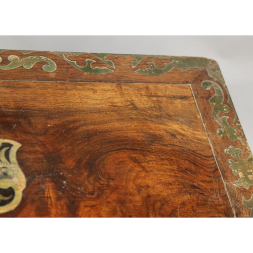 156 - A rosewood, walnut and brass inlaid writing slope with purple velvet lined interior, 19 3/4