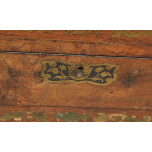 156 - A rosewood, walnut and brass inlaid writing slope with purple velvet lined interior, 19 3/4