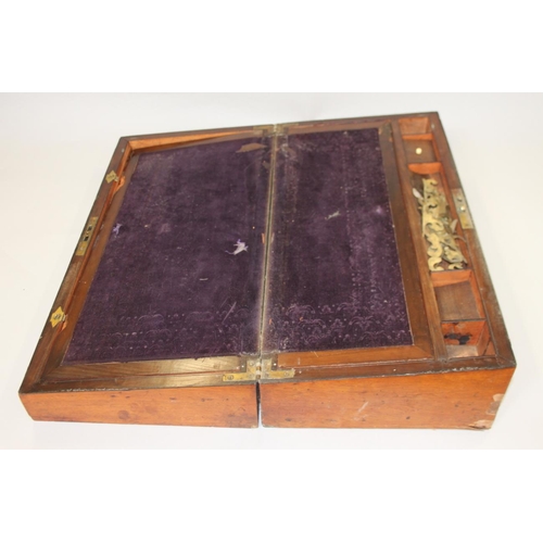 156 - A rosewood, walnut and brass inlaid writing slope with purple velvet lined interior, 19 3/4