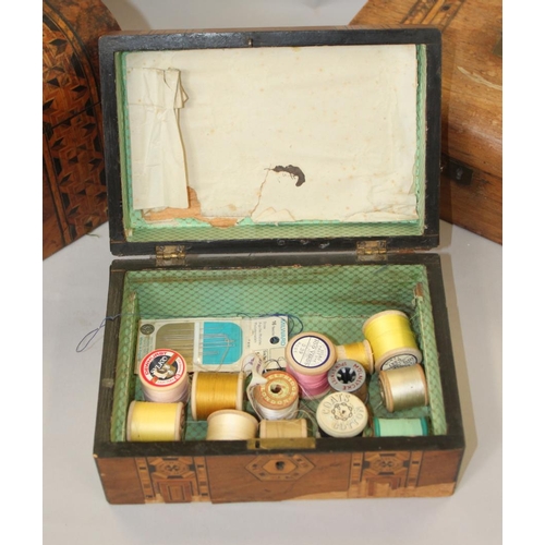 159 - A burr walnut, Tunbridge banded and mother-of-pearl mounted sewing box, 12