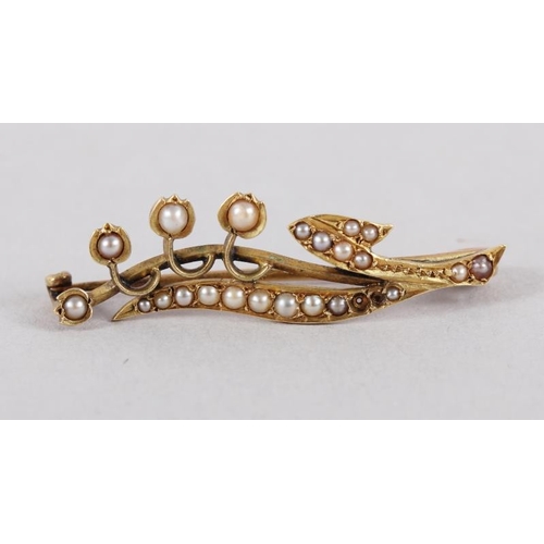 370 - A Victorian yellow metal lily-of-the-valley brooch, set seed pearls, and a yellow metal bar brooch s... 