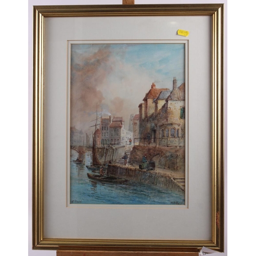 451 - E Novil?: a 19th century watercolour, Whitby, in gilt frame, an 18th century engraving, Chichester, ... 